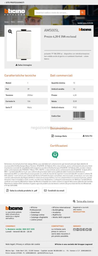 BTIAM5005L matix - pulsante 1P 10A NO illuminabile - immagine 4
