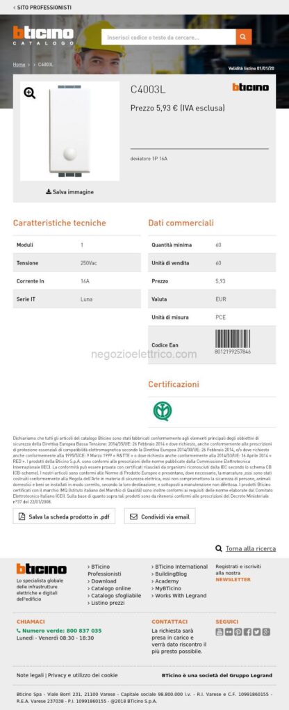 BTIC4003L luna - deviatore 1P 16A illuminabile - immagine 4