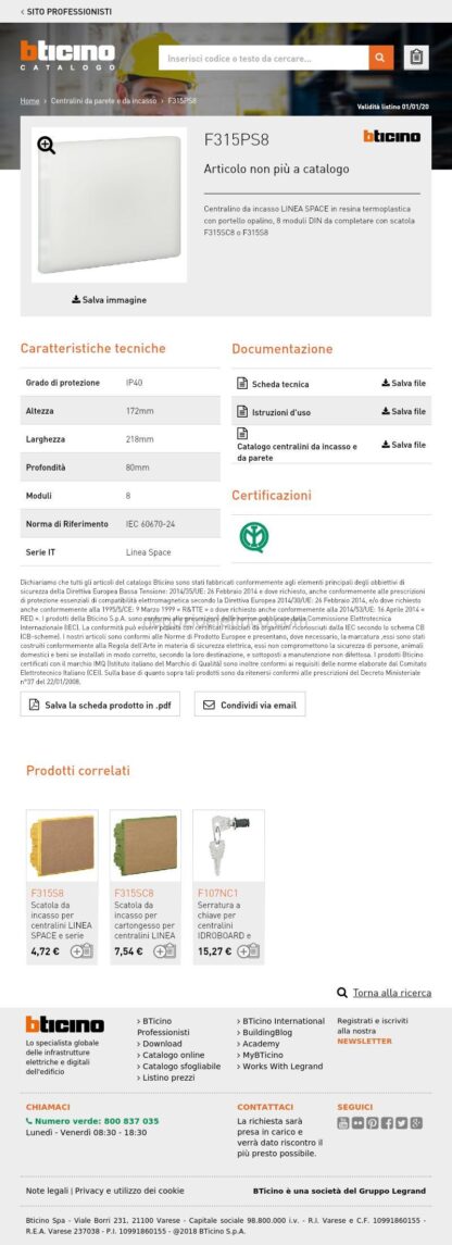 BTIF315PS8 Linea SPACE - centralino incasso 8mod opal - immagine 4