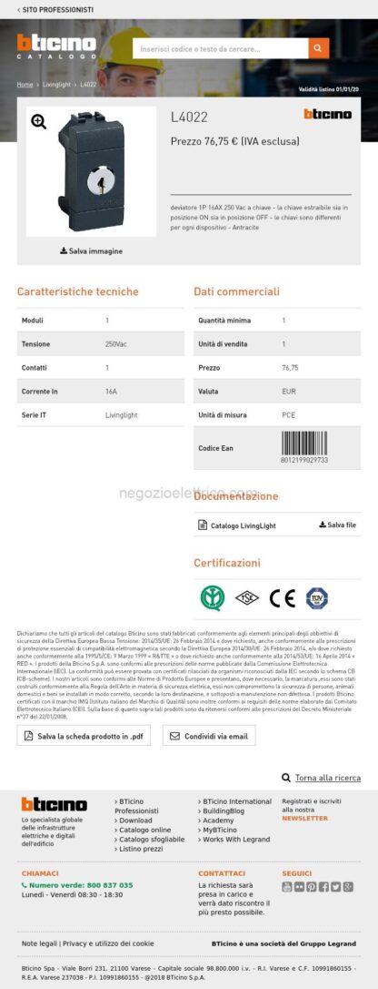 BTIL4022 living int - deviatore 1P 16A a chiave - immagine 4