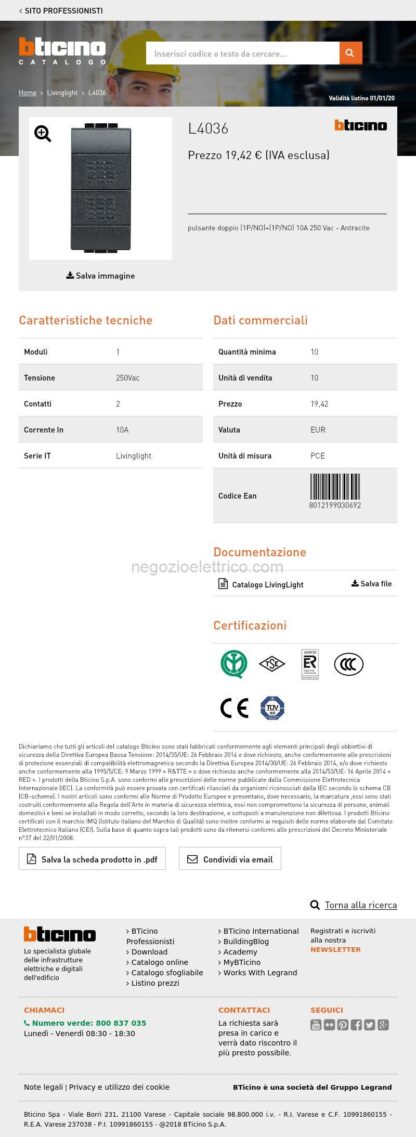 BTIL4036 living int - doppio pulsante 1P NO 10A - immagine 4