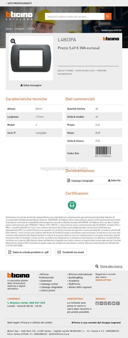 BTIL4803PA living int.- placca 3P plastica acciaio s. - immagine 3