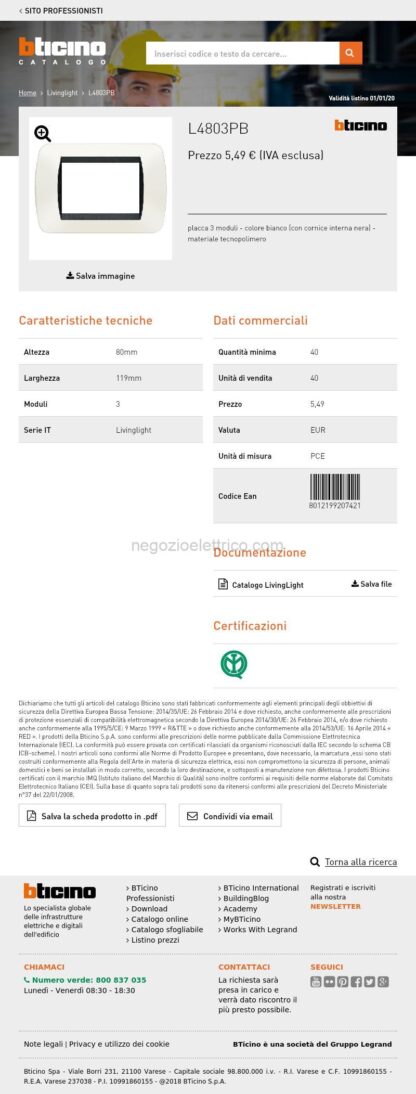 BTIL4803PB living int.- placca 3P plastica bianco s. - immagine 3