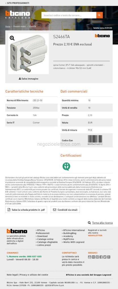 BTIS2466TA kit - spina corner salvasp.2P+T 16A bianco - immagine 4
