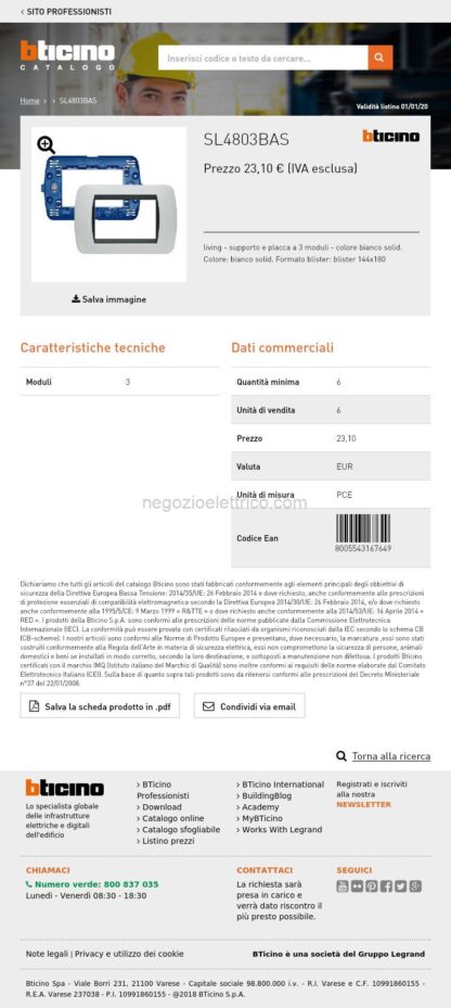 BTISL4803BAS kit - placca/supporto living int 3P bianca - immagine 3