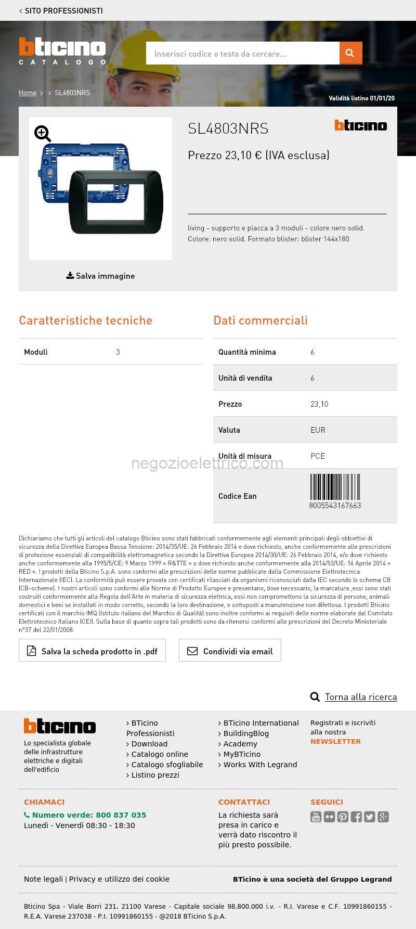 BTISL4803NRS kit - placca/supporto living int 3P nera - immagine 3